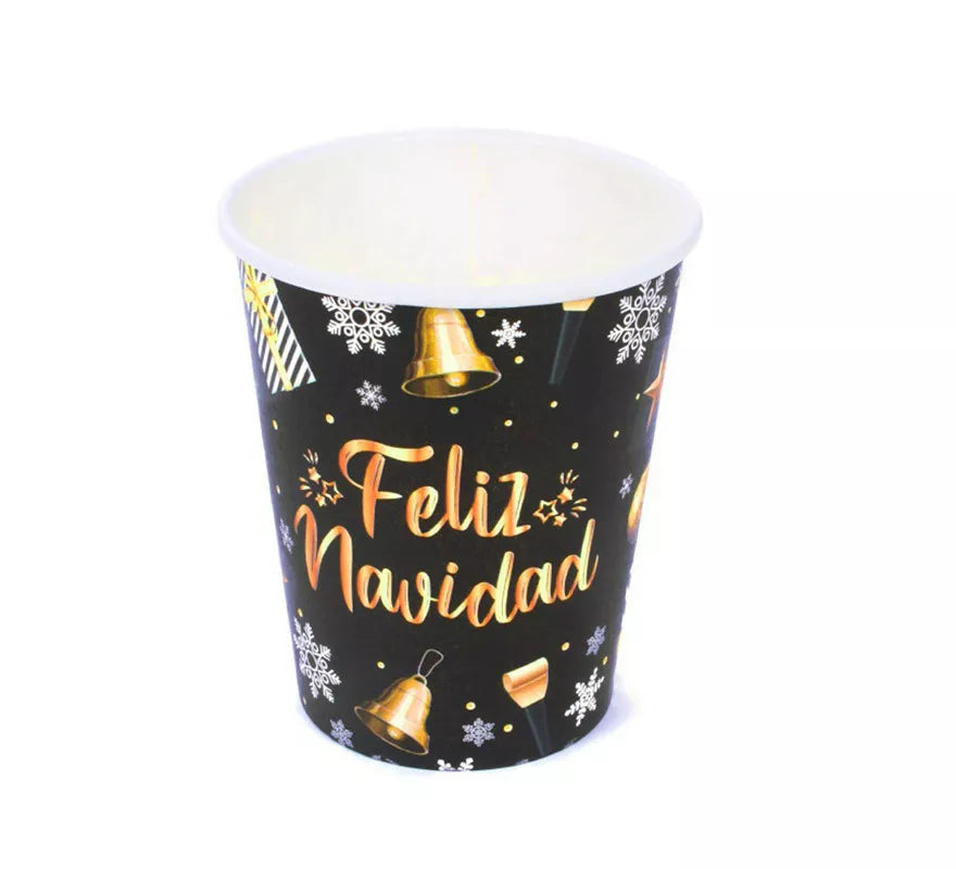 Translation missing: it.12 Vasos Negros y Dorados de papel de Feliz Navidad de 270 ml