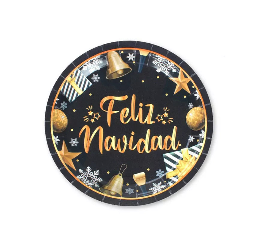 Translation missing: it.6 Platos de papel Negros y Dorados de Feliz Navidad de 18 cm