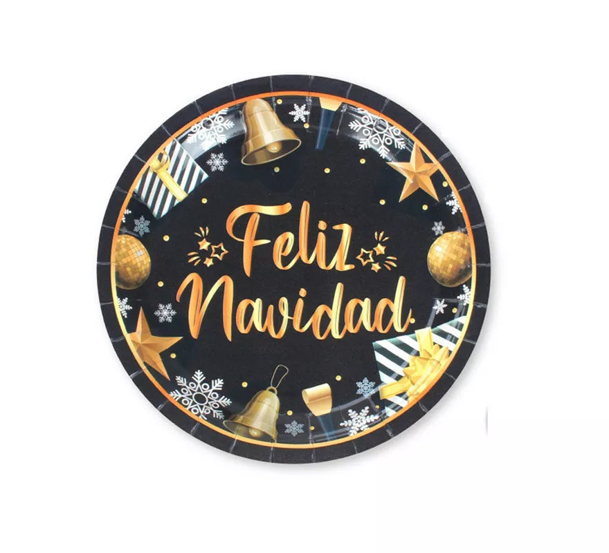 Translation missing: it.6 Platos de papel Negros y Dorados de Feliz Navidad de 23 cm
