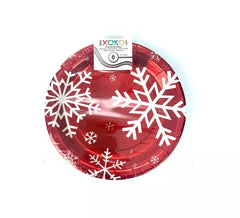 6 Piatti Carta Rossa con Fiocchi di Neve 18 cm