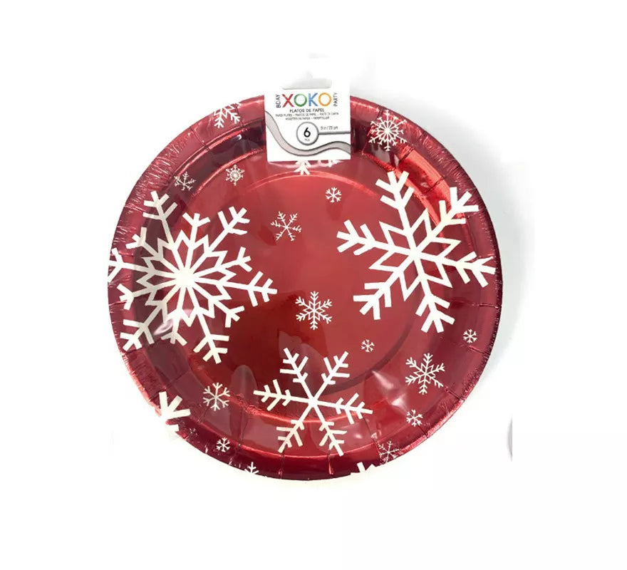 Translation missing: it.6 Platos de papel Rojo con Copos de Nieve de 23 cm