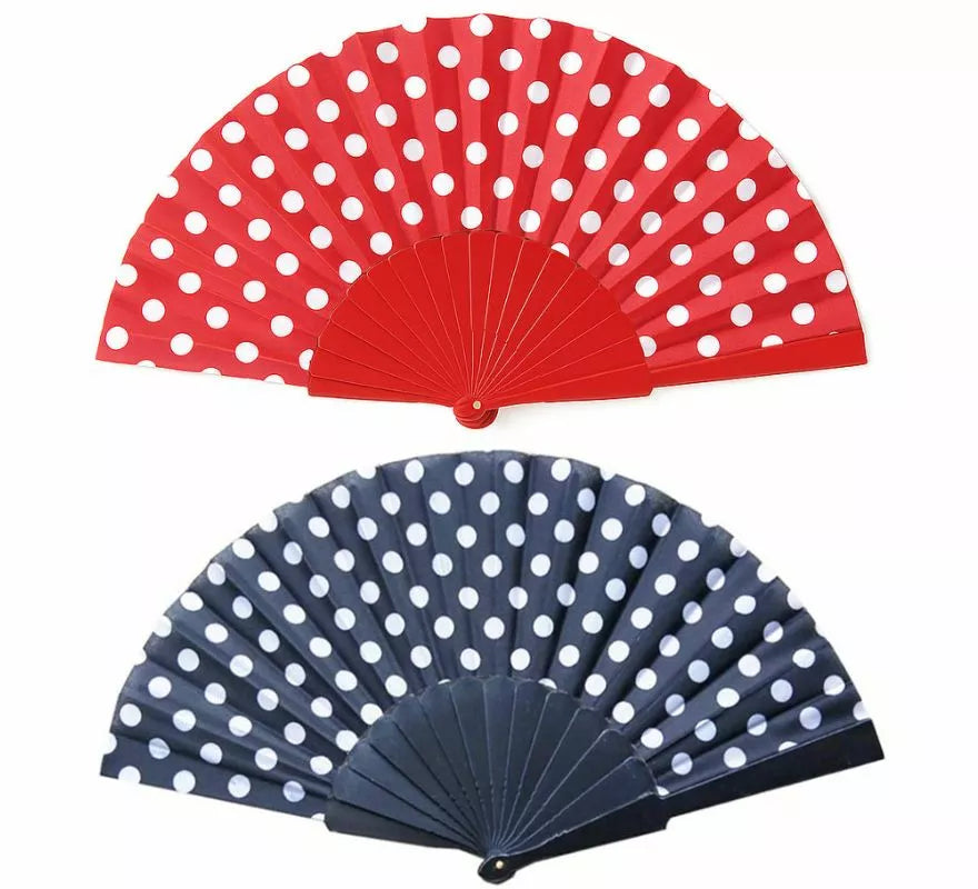 Abanico de Plástico 43 cm con Lunares Blancos en varios colores