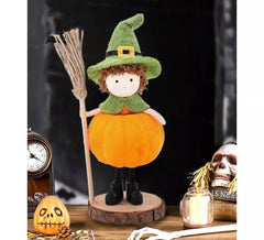 Bambola zucca con scopa ornamentale 15 cm