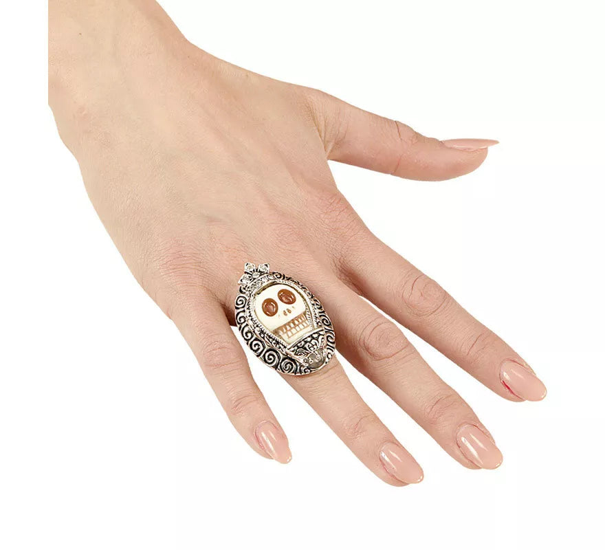 Translation missing: it.Anillo Plateado con Calavera Blanca y Pedrería