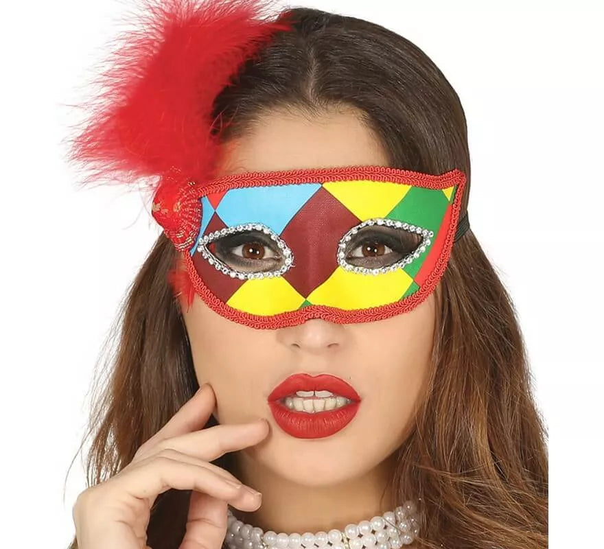 Translation missing: it.Antifaz Arlequín Multicolor con Pluma
