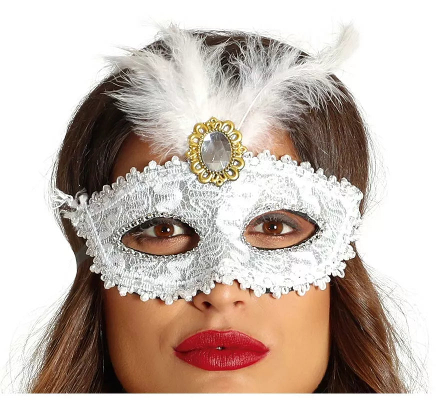 Antifaz Blanco con Pluma