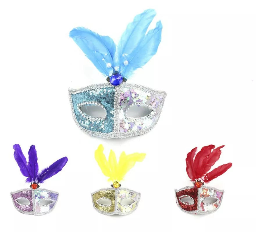 Translation missing: es.Antifaz Carnaval plateado con plumas colores surtidos