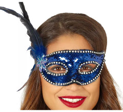 Maschera con paillettes blu con piume