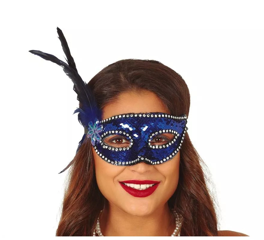Translation missing: es.Antifaz de Lentejuelas Azul con Plumas