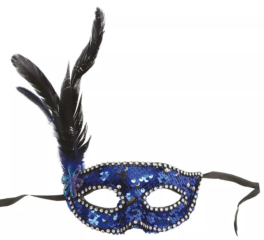 Translation missing: es.Antifaz de Lentejuelas Azul con Plumas