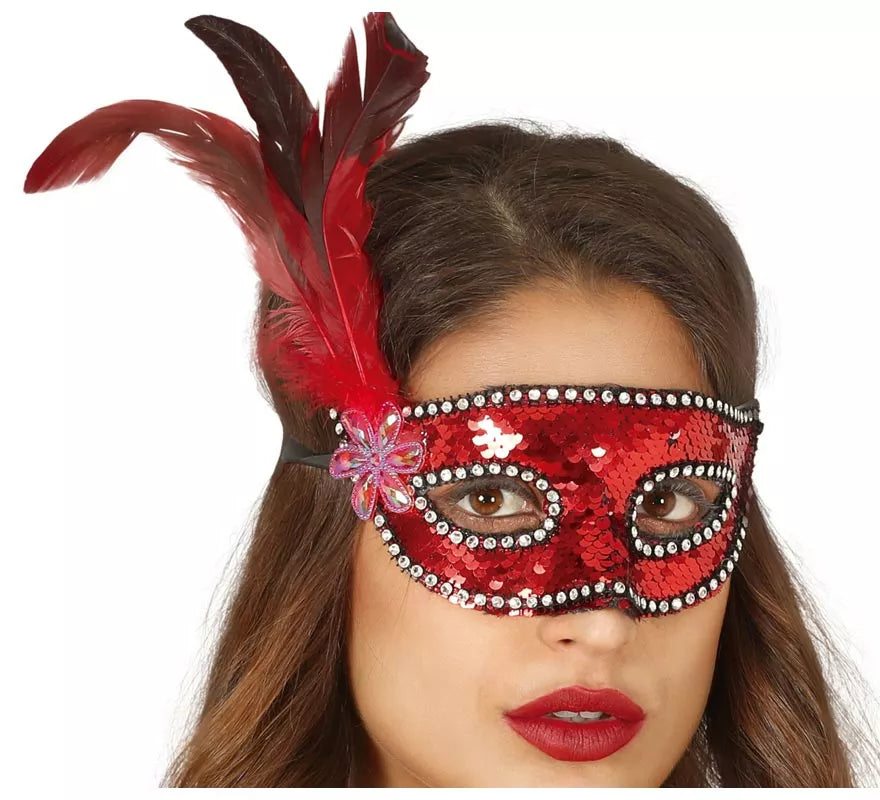 Translation missing: it.Antifaz de Lentejuelas Rojo con Plumas