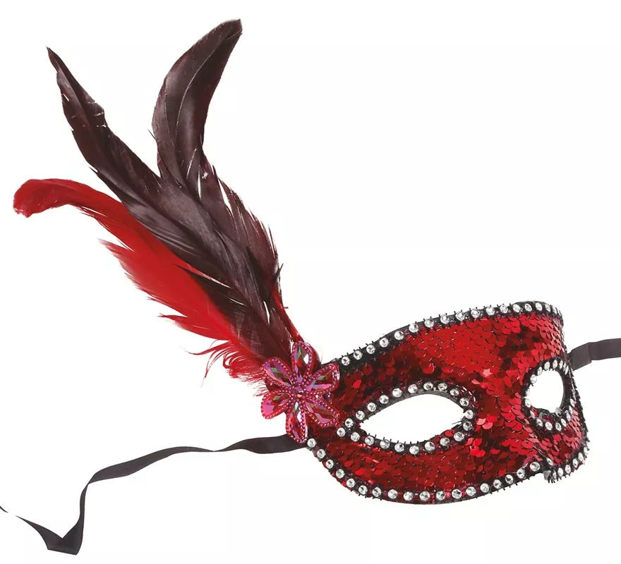 Translation missing: it.Antifaz de Lentejuelas Rojo con Plumas