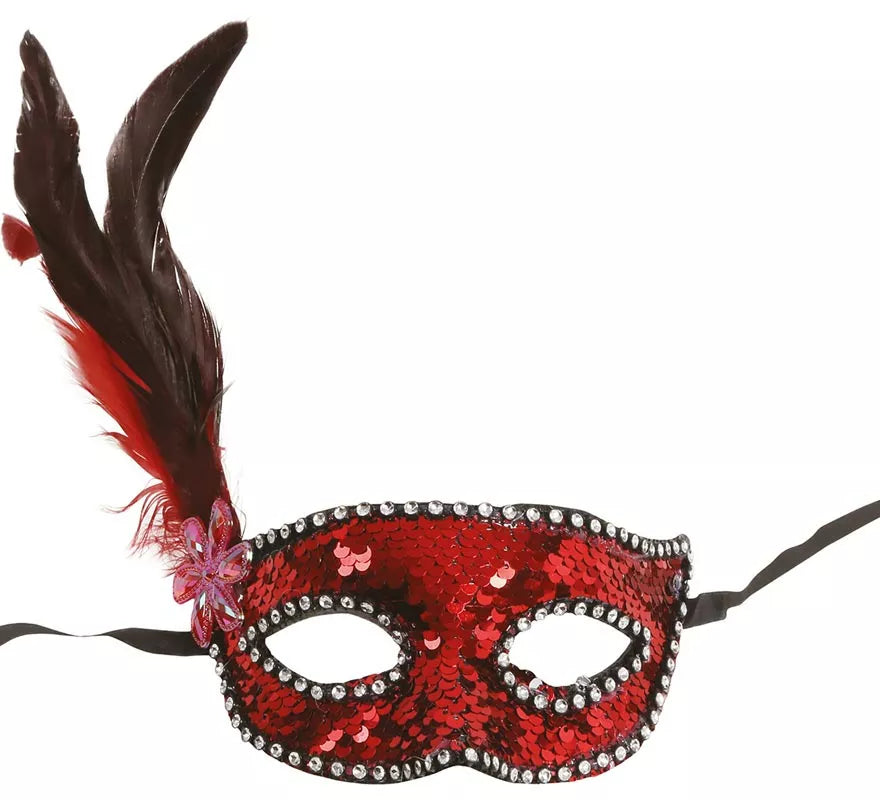Translation missing: es.Antifaz de Lentejuelas Rojo con Plumas