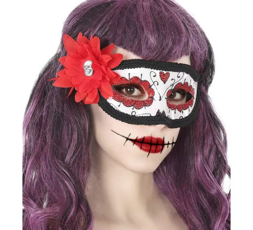 Translation missing: es.Antifaz del Día de los Muertos con Flor Roja