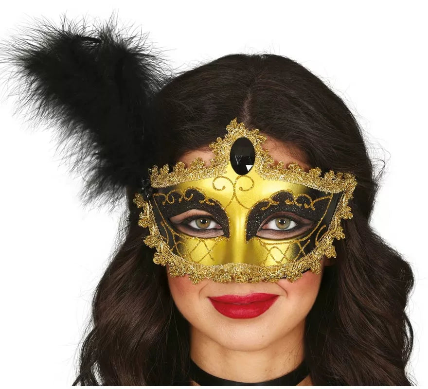Antifaz dorado y negro con Pluma adulto