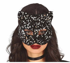 Maschera Gatto Grande con Paillettes Argento