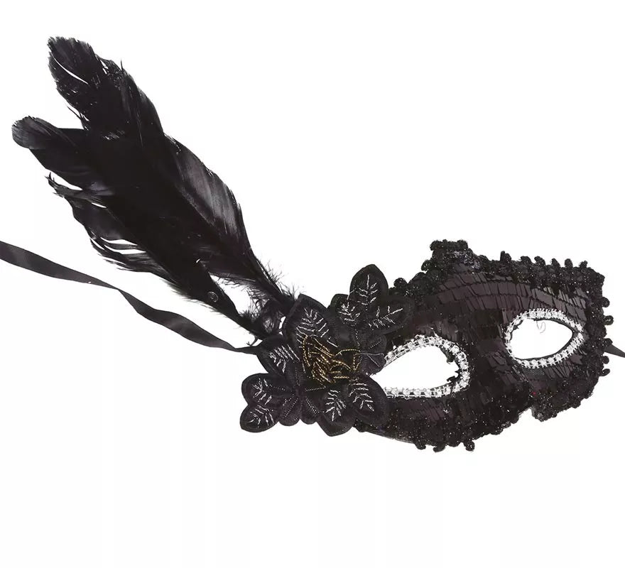 Translation missing: es.Antifaz Negro con Flor y Plumas