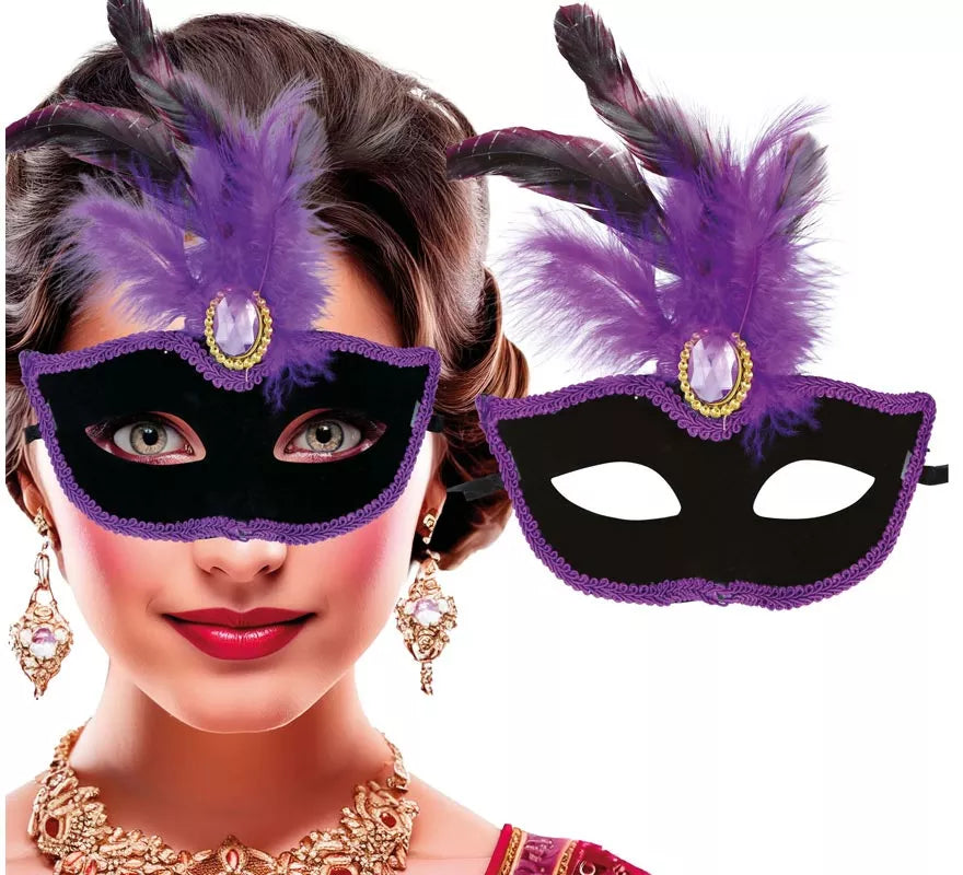 Translation missing: it.Antifaz Veneciano negro con Plumas lilas