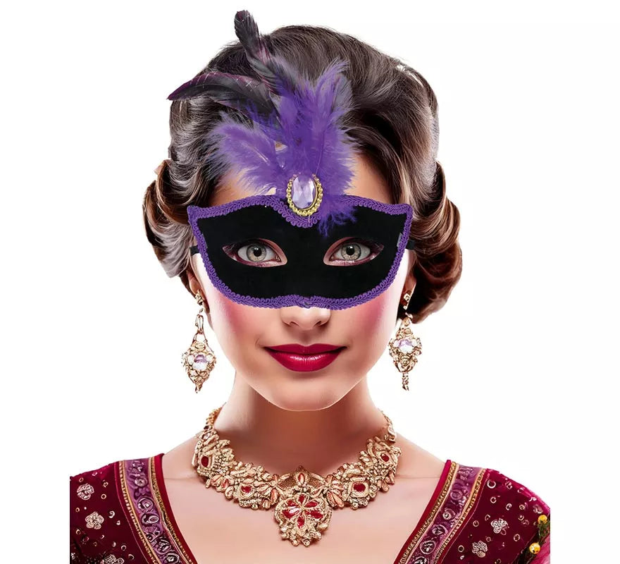 Translation missing: it.Antifaz Veneciano negro con Plumas lilas