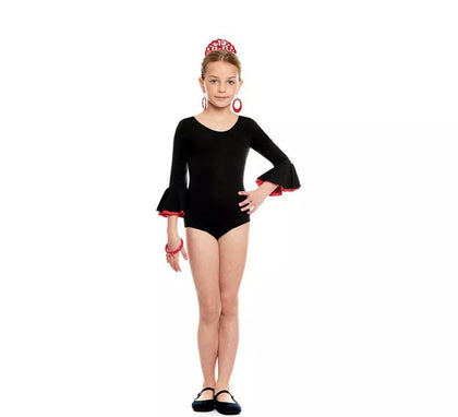 Body o maillot Sevillana con Volante negro y rojo para niña