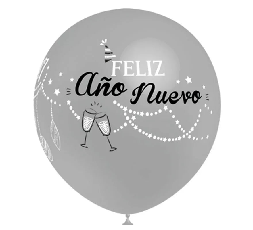 Translation missing: it.Bolsa 8 Globos plata Feliz Año Nuevo de 90 cm