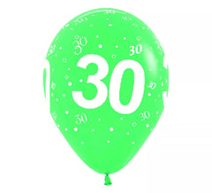 Sacchetto di 10 palloncini in lattice con il numero 30 serigrafato