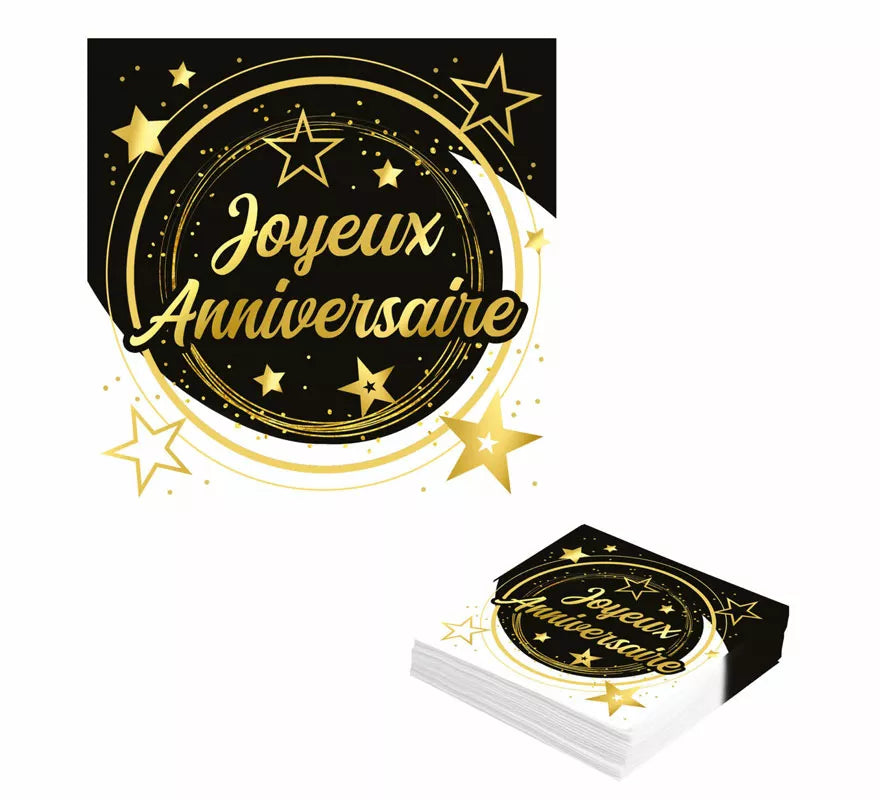 Translation missing: es.Bolsa de 12 Servilletas Joyeux Anniversaire de 33X33 cms