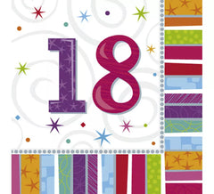 Sacchetto di 16 tovaglioli compleanno con il numero 18 di 33x33cm