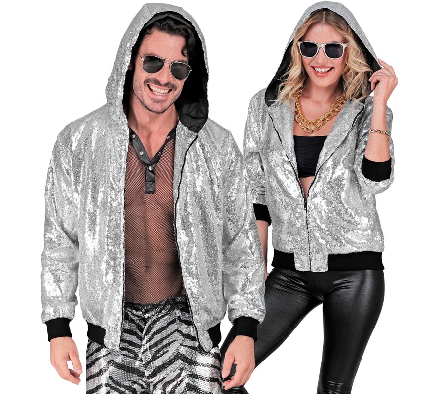 Translation missing: it.Bomber Moda plateado con capucha y lentejuelas para adulto