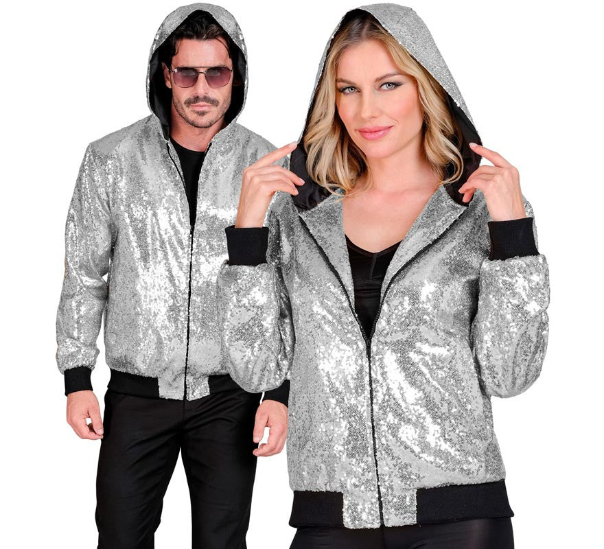 Bomber Moda plateado con capucha y lentejuelas para adulto