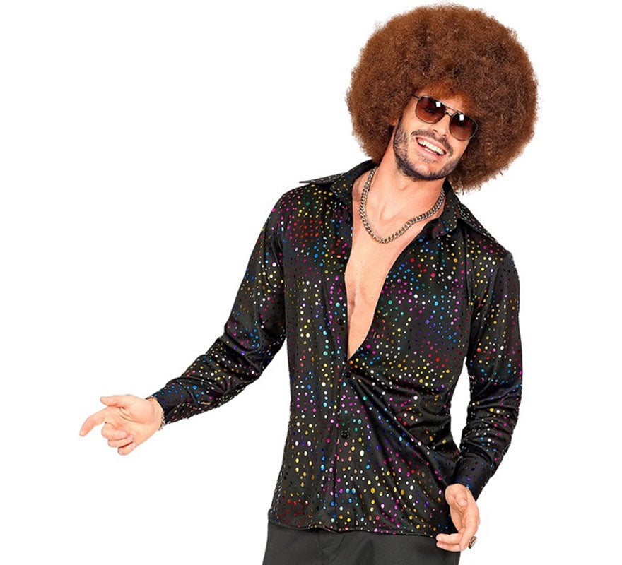 Translation missing: it.Camisa Disco Años 70 negra multicolor para hombre