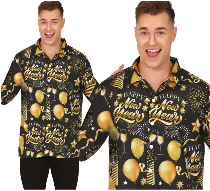 Translation missing: es.Camisa Happy New Year negro estampado adulto