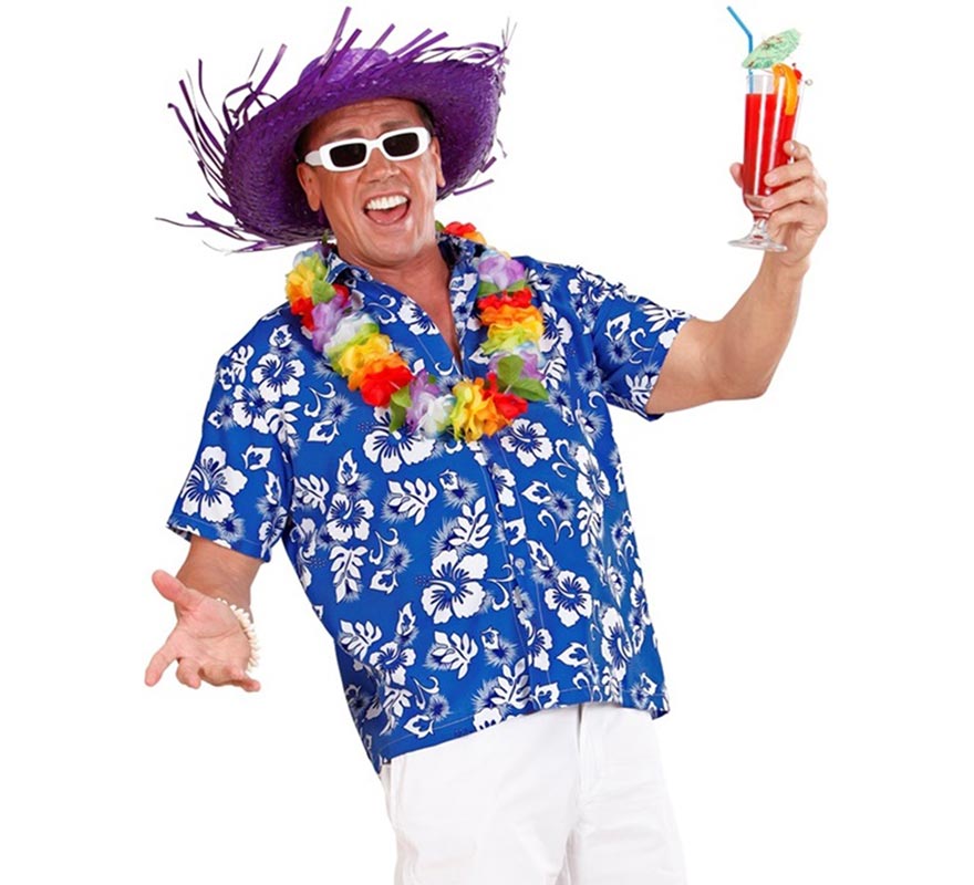 Translation missing: it.Camisa manga corta Hawaiana con Flores azul para hombre