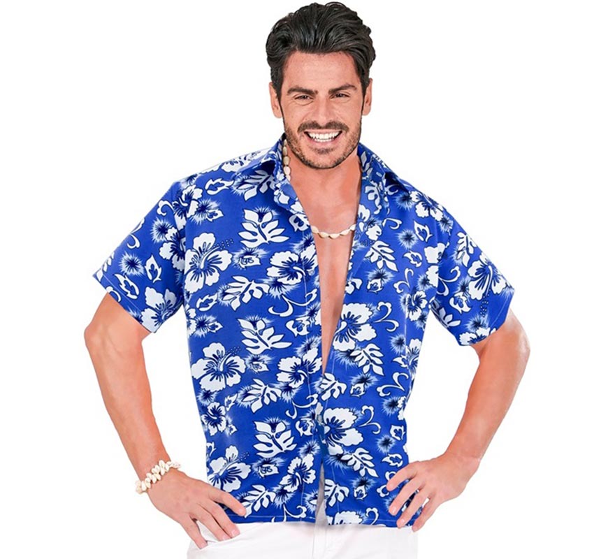 Camisa manga corta Hawaiana con Flores azul para hombre