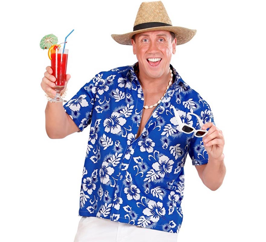 Translation missing: it.Camisa manga corta Hawaiana con Flores azul para hombre