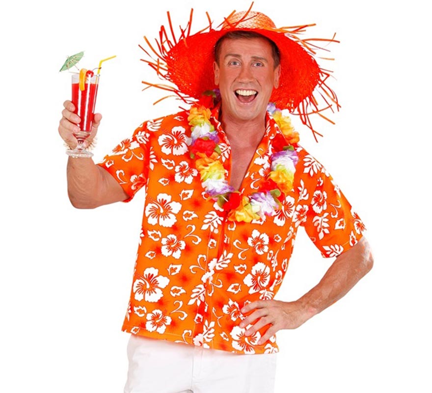 Translation missing: it.Camisa manga corta Hawaiana con Flores naranja para hombre