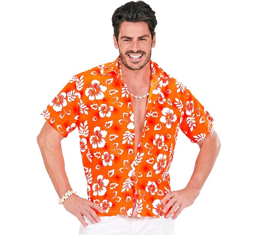 Translation missing: it.Camisa manga corta Hawaiana con Flores naranja para hombre