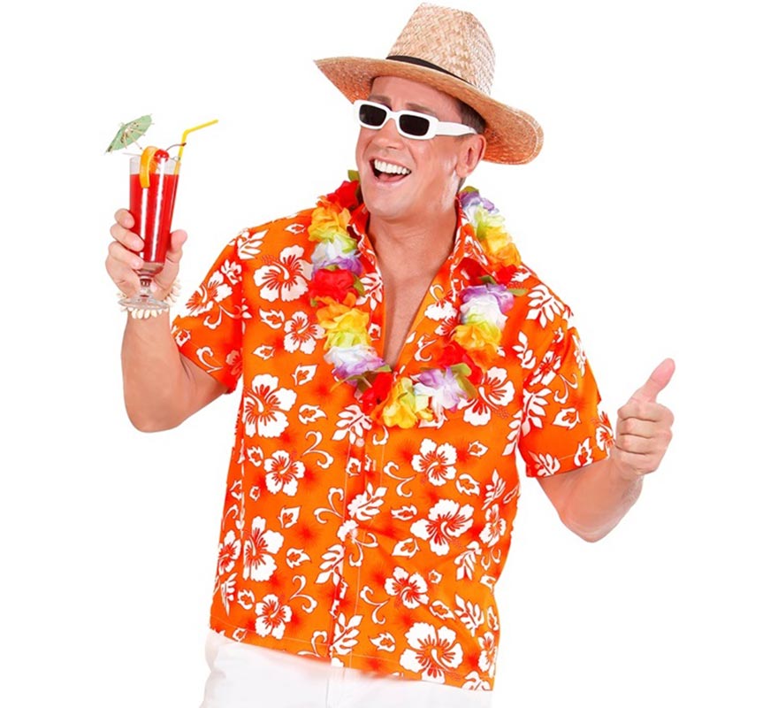 Translation missing: it.Camisa manga corta Hawaiana con Flores naranja para hombre
