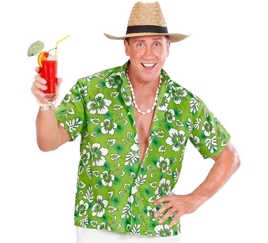 Translation missing: it.Camisa manga corta Hawaiana con Flores verde para hombre