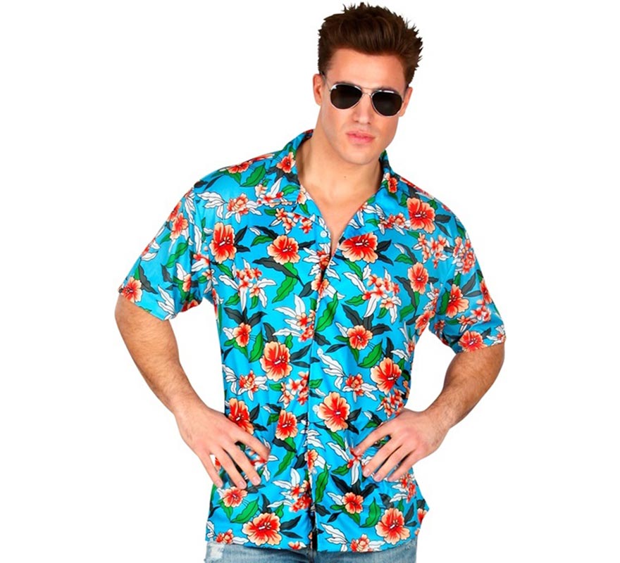 Translation missing: it.Camisa manga corta Hawaiana Estampada azul para hombre