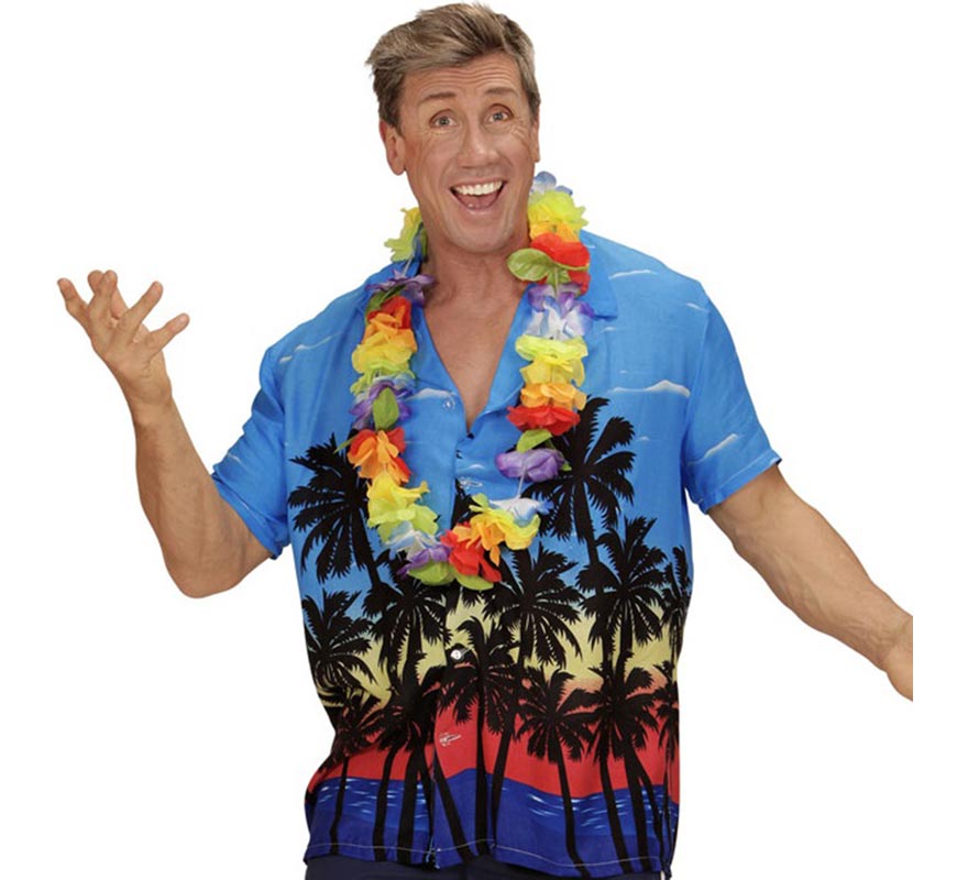 Camisa manga corta Hawaiana Palm Beach azul para hombre