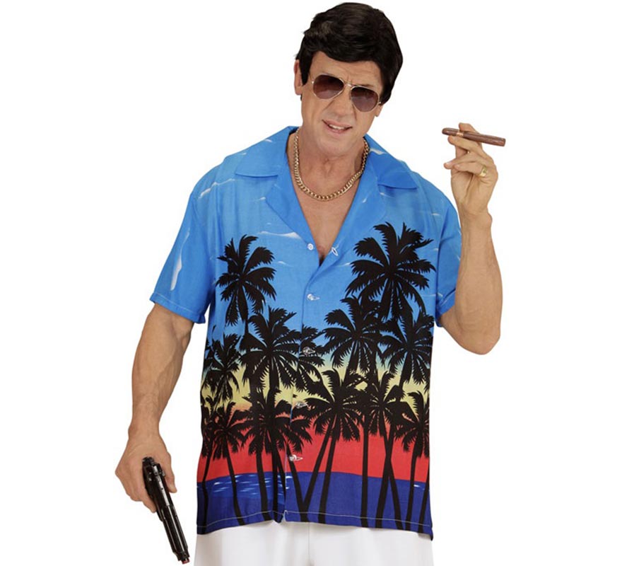 Translation missing: it.Camisa manga corta Hawaiana Palm Beach azul para hombre