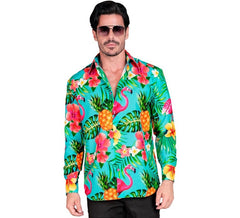 Camicia hawaiana a maniche lunghe con stampa tropicale da uomo