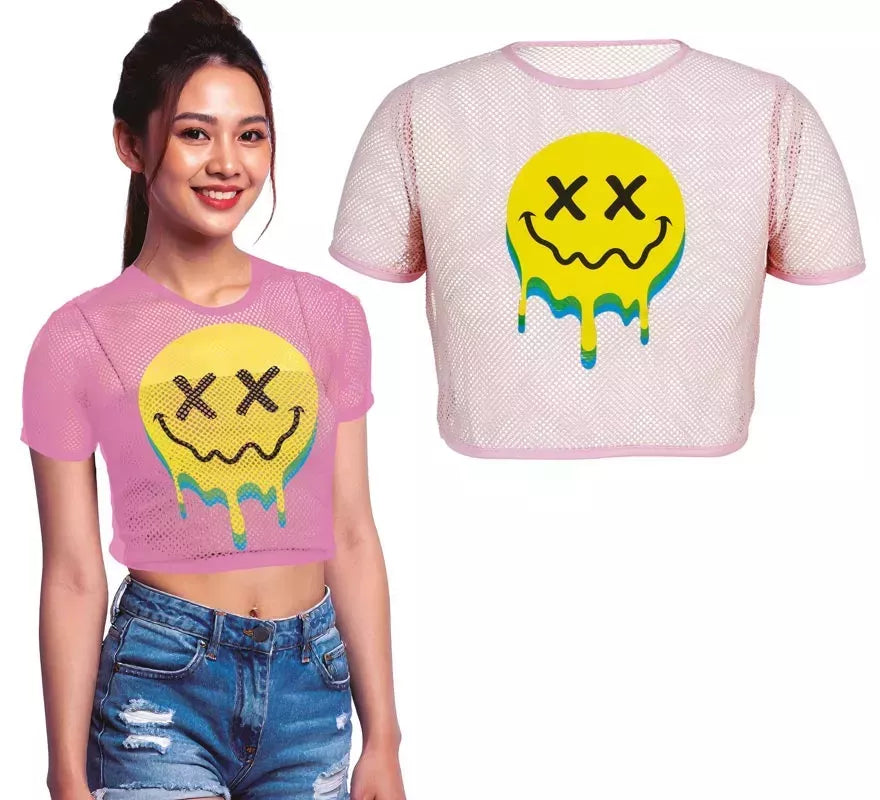 Camiseta de Rejilla Acid Smile rosa para mujer