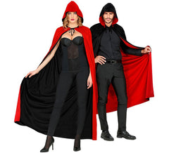 Mantello reversibile con cappuccio nero e rosso, 140 cm, per adulti
