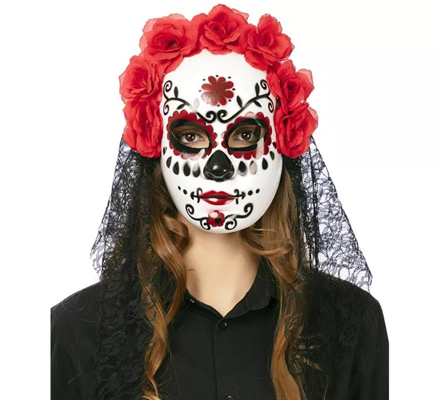 Translation missing: es.Careta Catrina con flores y velo adulto de 27x24 cm