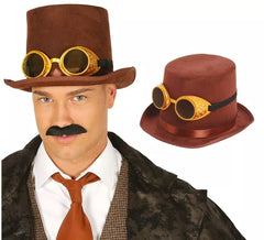 Cappello a cilindro in feltro marrone con occhiali