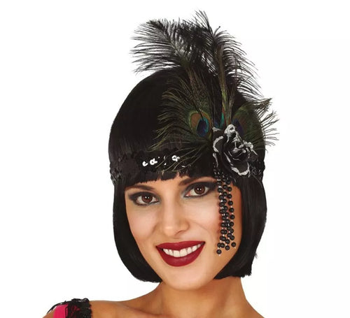 Cinta de Lentejuelas Negra con Plumas