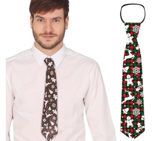 Corbata con figuras Navideñas verde y rojo a cuadros de 45 cm