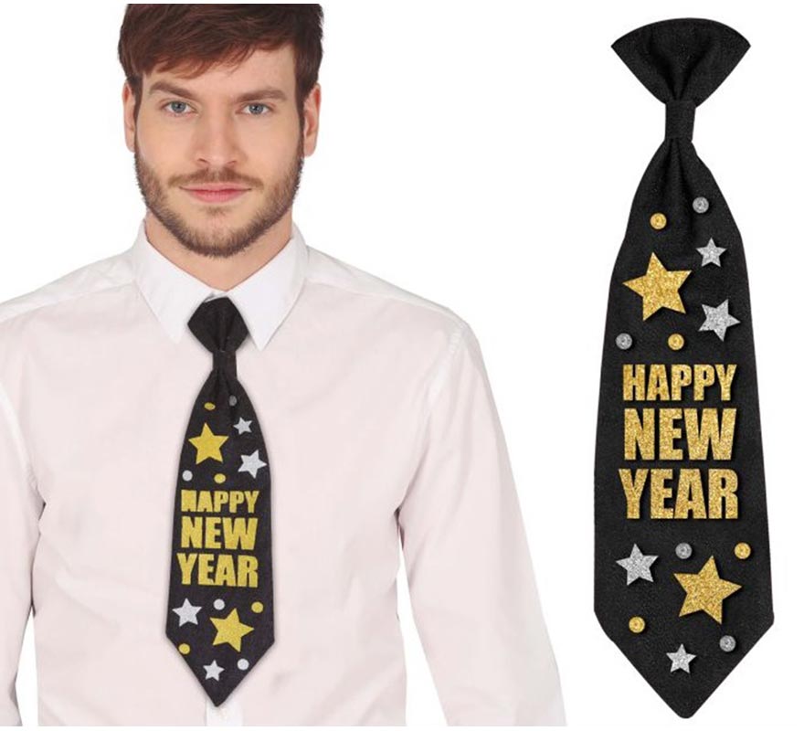 Translation missing: it.Corbata 'Happy New Year' negro y dorado de 38 cm